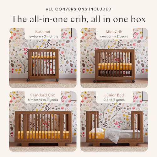 Image of Babyletto Yuzu Convertible All-Stages Bassinet, Midi, Full-Size Crib in Natural Walnut, Greenguard Gold Certified, Portable & Adjustable with Conversion Kits and Pads Included