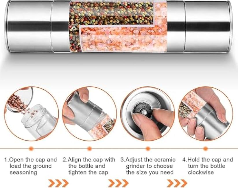 2 in 1 Salt and Pepper Grinder with Adjustable Ceramic Rotor, Easy to use Stainless Steel Salt Grinders and Pepper Mill for Kitchen, Outdoor Barbecue, Easy to carry for outdoor events
