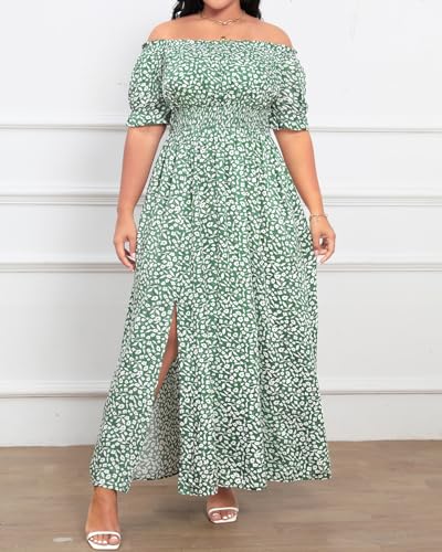 Image of Holipick Women's Off The Shoulder Boho Dress Plus Size Floral Smocked Waist Split Summer Maxi Sundress with Pockets