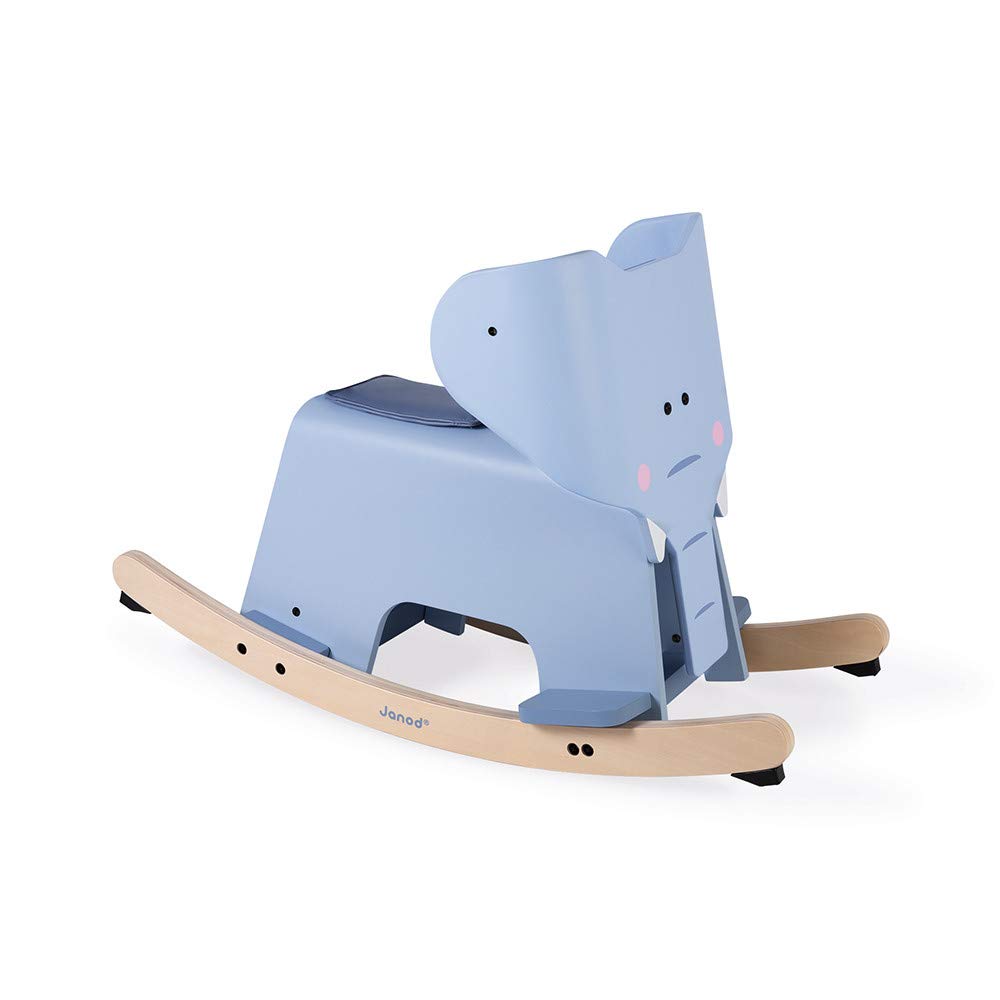 Janod - Elefante Basculante in Legno - Giocattolo Prima Infanzia - per Migliorare L’Equilibrio - Sistema Anti-Basculante, Poggiapiedi, Sella Rimovibile e Arco di Sicurezza - da 1 Anno in su, J08024