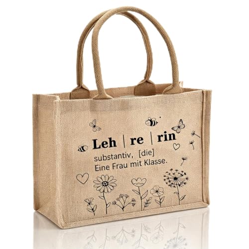 Johiux Jute Tasche Lehrerin - Nachhaltige Abschiedsgeschenk & Dankeschön Geschenke für Lehrerinnen |Geschenk für Lehrerinnen zum Schuljahresende Pensionierung oder als Wertschätzung. (30x13x22cm)