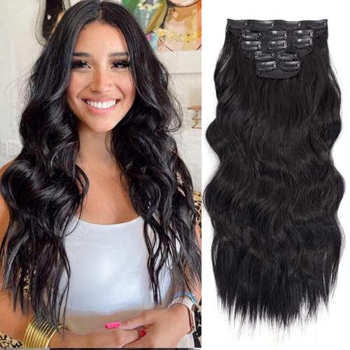 WOKAA Natural Black Synthetic Clip in Hair Extensions 4Pcs 20
