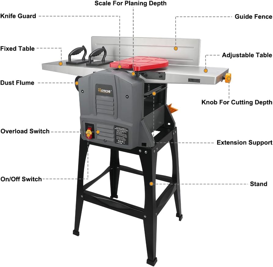 Hoteche 10-Inch Benchtop Planer and Jointer Combo with Stand 13-Amp Heavy Duty Thickness Planer for Woodworking, Adjustable Depth 0-3mm