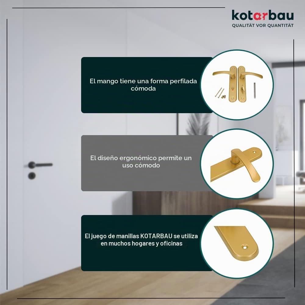 KOTARBAU® Juego de manillas para puerta de baño, Manilla con pestillo, Placa larga, 72 mm, Manillas de aluminio - dorado, 2 Manetas con cierre, Manijas diseño clásico, Kit de montaje incluido