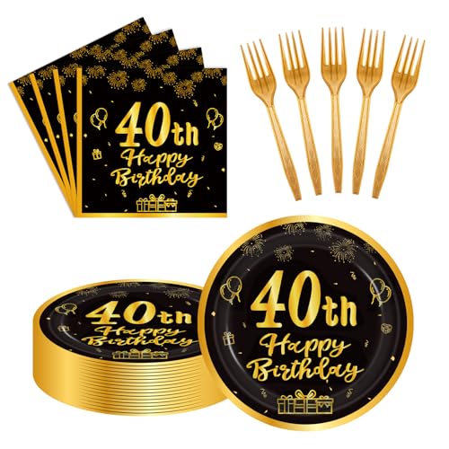 LDFDRT 60pcs 40th Birthday Party Paper Plates and Napkins Forks Black Gold Dessert Cake Plates Party Decorations Supplies Serves 20 Guest