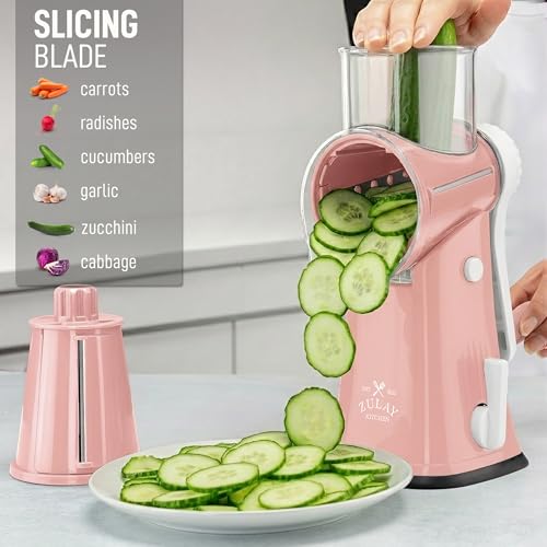 Image of Zulay Kitchen Rotary Cheese Grater 5 Blade Cheese Shredder - Manual Hand Crank Cheese Grater With Reinforced Suction & 5 Interchangeable Drums - Easy to Use, Vegetable Chopper Round Mandoline Slicer