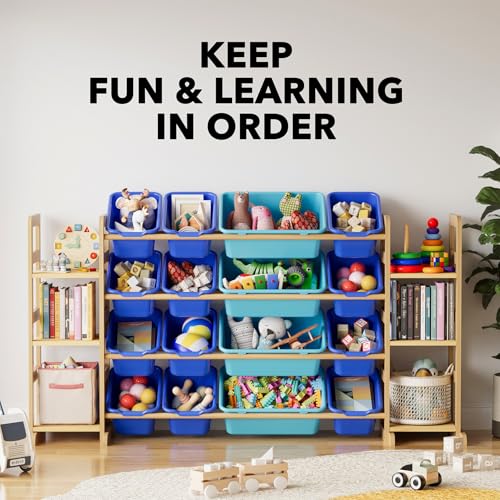 Image of SpaceAid Toy Storage Organizer with 6 Shelves and 16 Bins, Toy Organizers Storage Bookshelf, Kids Bin Shelf Toys Box Bookcase for Bedroom Playroom Organization Room Decor, Blue and Navy Blue