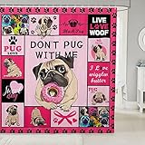 Cartoon Pugs Kids Pets Shower Curtains,Girls Boys Adults Room Decor,Dog Paws Print Cute Bathroom Curtains,Geometric Plaids Patchwork Pink Colorful Waterproof Curtains,12 Hooks Suits,72' W x 78' L