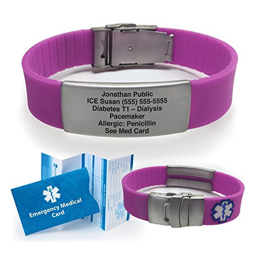 Silicone Sport Medical Alert ID Bracelet - Purple (Incl. 6 Lines of Custom Engraving). Choose Your Color! -