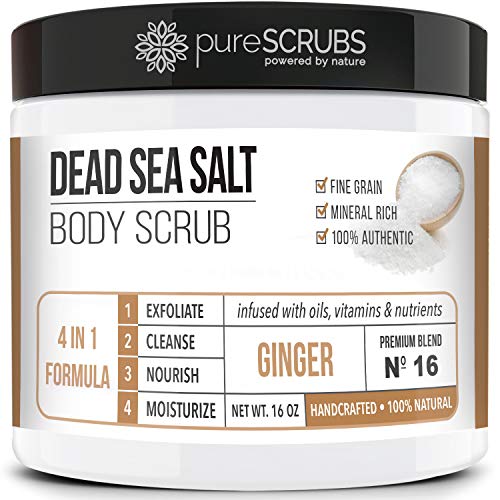 Purescrubs Premium Organic Body Scrub Set - Large 16Oz Ginger Body Scrub - Dead Sea Salt Infused Organic Essential Oils & Nutrients Includes Wooden Spoon, Loofah & Mini Organic Exfoliating Bar Soap #TOP7