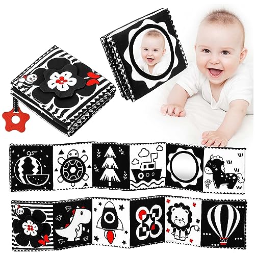 Image of VOFAORT Black and White High Contrast Baby Toys 0-3 3-6 Months, Infant Tummy Time Mirror Toys Crib Cloth Book for Newborn, Montessori Sensory Toys with Crinkle Toys and Teether