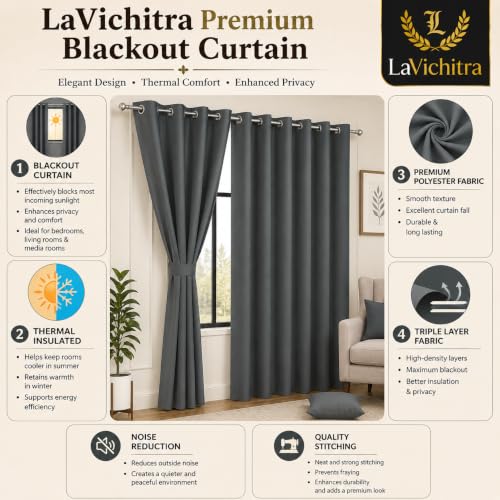 Image of LaVichitra 1 Piece Solid Premium Blackout Curtain - Thermal Insulated, 3 Layered, 100% Opaque Window - 6 feet, Grey