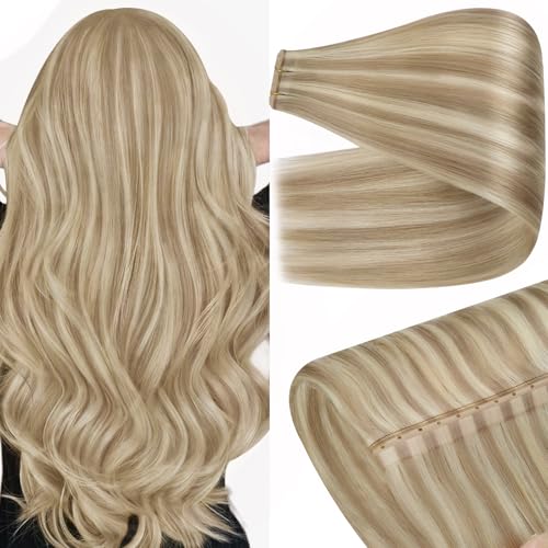 Image of YoungSee Butterfly Weft Hair Extensions Blonde Highlights, 18 Inch 100g Butterfly Hair Wefts Human Hair, Strawberry Blond with Bleach Blonde, Weft Hair Extensions Real Human Hair for Women