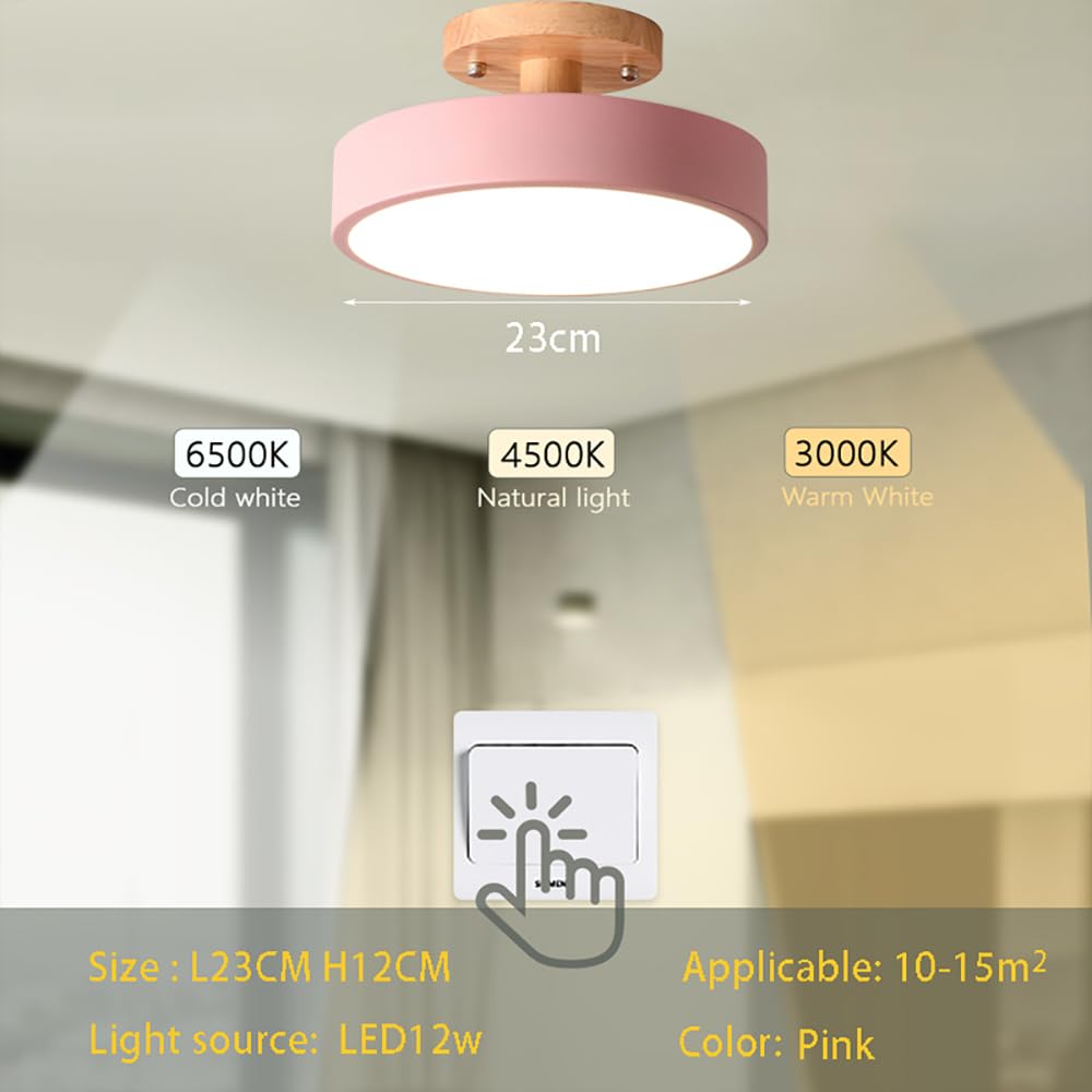 Liudefa Dimmable LED Ceiling Light Fixture,9 Inch 1-Lights Modern Ceiling Lights Flush Mount Wooden 12W Chandelier for Living Room Bedroom Kitchen,3000K/4000K/6000K Temperatures Selectable Pink
