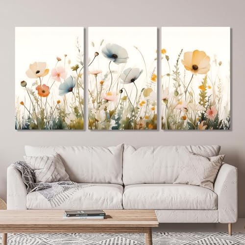Wildflower Meadow Canvas Wall Art – 3 Panel Botanical Floral Print in Soft Pastel Colors – Modern Farmhouse Decor for Bedroom, Living Room, or Entryway (24' x 36' x 3 pcs)