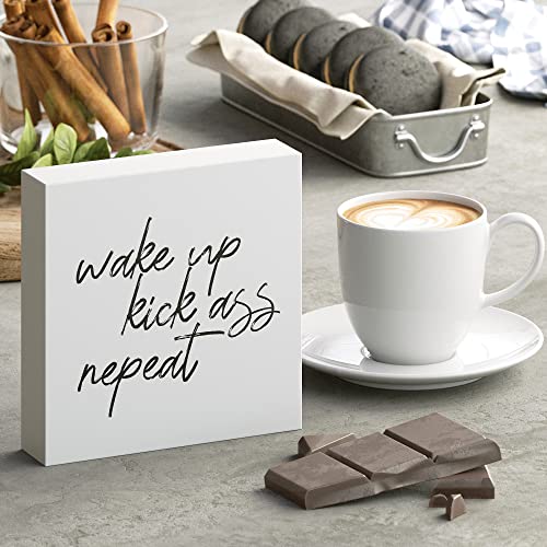 Modern Market 'Wake Up Kick Ass' Wooden Box Sign Motivational Desk Decor, Primitive Decor Office Desk Decorations For Women Office Bathroom Shelf Decor, Inspirational Desk Decor, 5X5 #TOP1