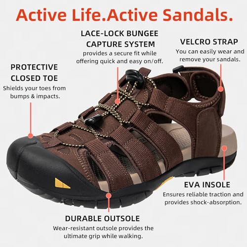 KOIMED Men's Athletic Sandals - Closed Toe Sport Hiking & Outdoor Walking Water Sandals with Anti-Slip Cushioning and Breathable Mesh Coffee Brown2