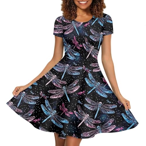 Image of HUGS IDEA Womens Puffy Swing Midi Dress Round Neck Short Sleeve Party A-Line Dresses