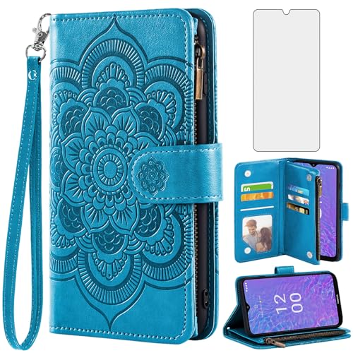 Asuwish Phone Case for Nokia C210 TA-1584 Wallet Cover with Tempered Glass Screen Protector and Flower Leather Flip Credit Card Holder Stand Folio Purse Lanyard Cell Accessories C 210 Women Men Blue