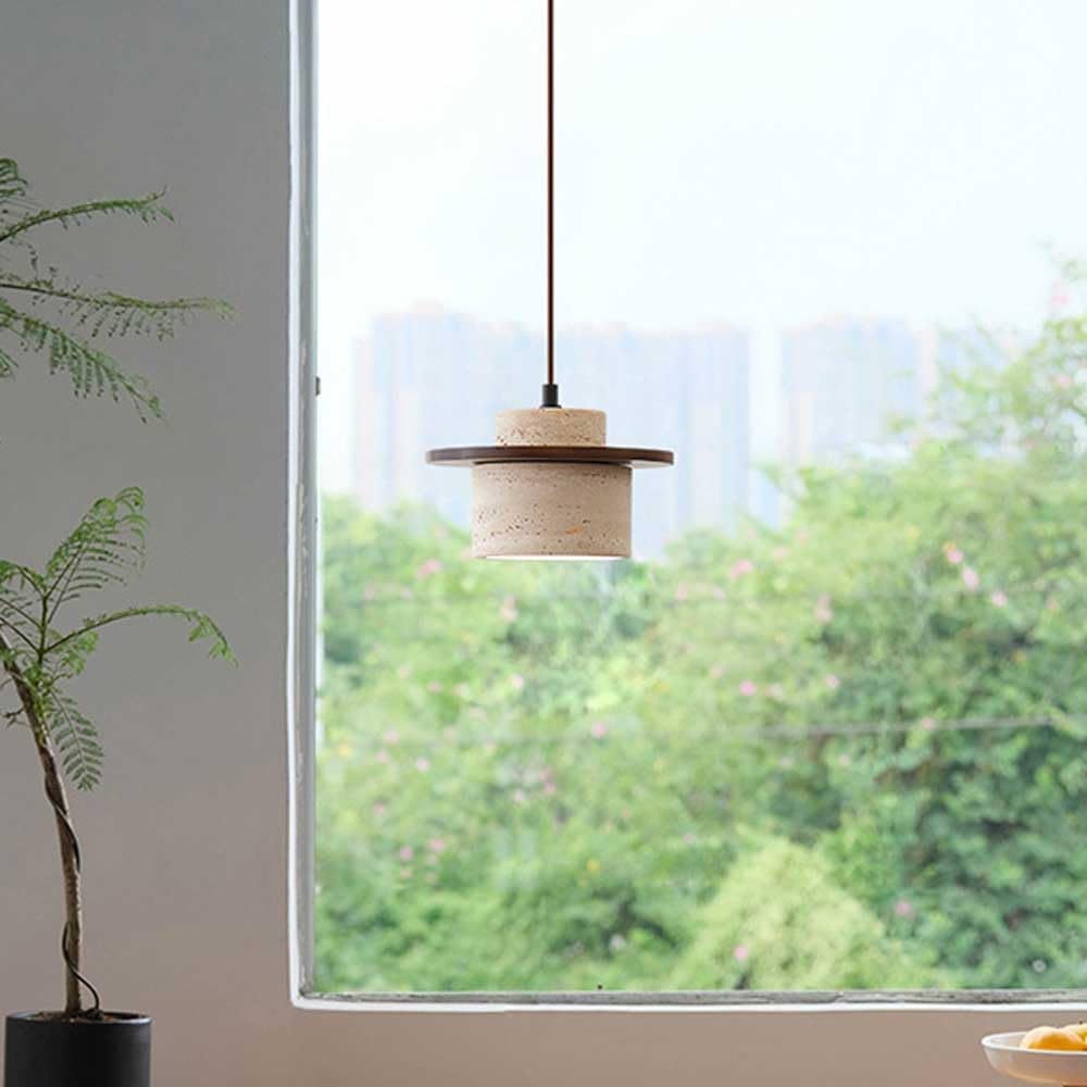 Style japonais moderne travertin suspension Wabi Sabi pierre suspension réglable en bois cuisine îlot luminaire mini cylindre éclairage suspendu pour restaurants, chambre à coucher, lustre E27
