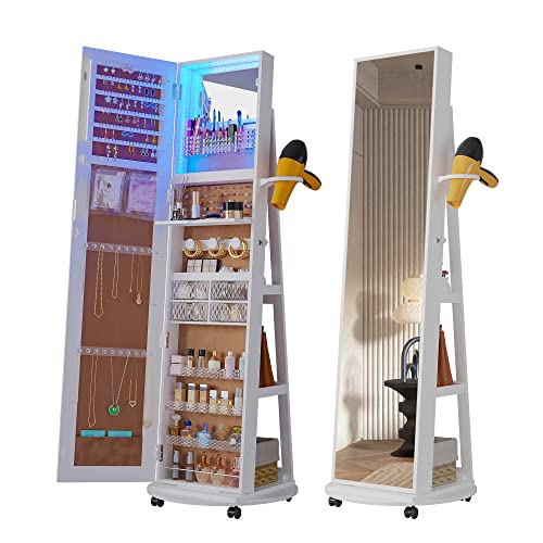 HNEBC LED Light Jewelry Organizer Mirror 360° Rotating, Jewelry Armoire with Door Mirror, Full Length Mirror Jewelry Cabinet, Mirror with Jewelry Storage, Large Jewelry Boxes & Organizers（B_