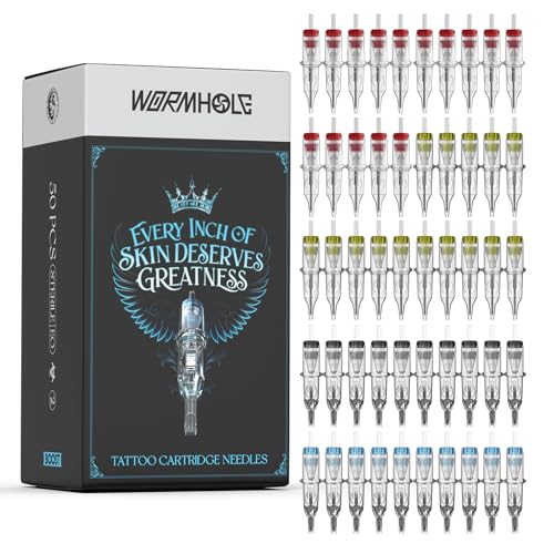 Image of Wormhole Tattoo Cartridge Needles Long Taper 50PCS Assorted Disposable Tattoo Needle Mixed 5RL 7RL 9RL 5RS 7RS 9RS 15M1 21M1 15RM 21RM Round Liner Shader Magnum Round Magnum for Beginners Practicing