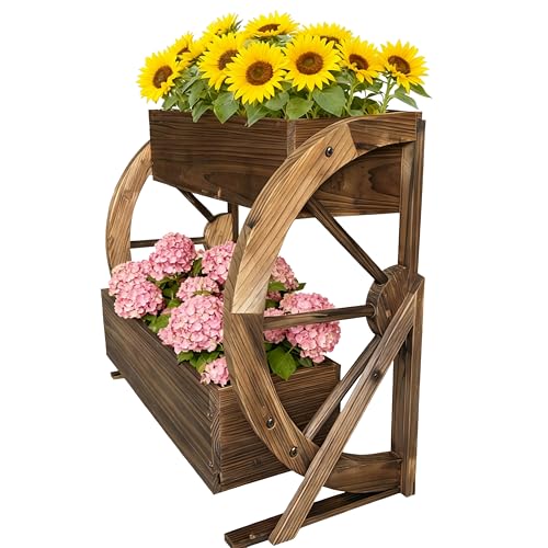 Wooden Wagon Planter Box with Wheels - Rustic Garden Raised Bed for Flowers, Herbs, Vegetables - Indoor/Outdoor Decor for Patio, Backyard, Balcony - Country Farmhouse Style Flower Cart
