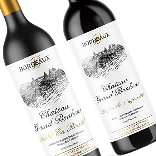 Crintiff - Etiquettes annonce grossesse pour bouteille de vins personnalisées | Bébé En Route et La famille s’agrandit | Annonce grossesse pour papa, marraine, parrain et grands-parents - 2 étiquettes Cover