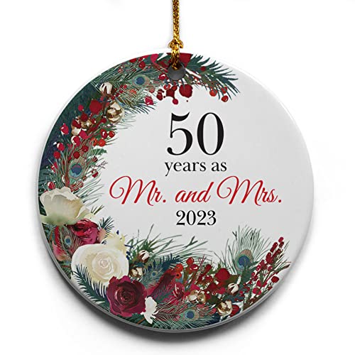 50 Years As Mr. And Mrs. Wreath Ceramic Christmas Tree Ornament Collectible Holiday Keepsake 2.875" Round Ornament In Decorative Gift Box With Bow - Perfect 50Th Wedding #TOP29
