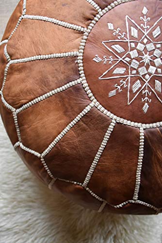 Premium Moroccan Leather Pouf - Handmade - Delivered Stuffed - Ottoman, Footstool, Floor Cushion (Cognac Brown) #TOP1