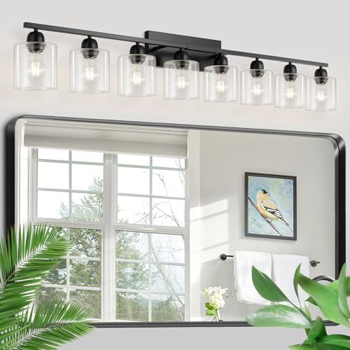 Image of Modern 8 Light Bathroom Light Fixtures, 52 inch Vanity Lights for Bathroom with Clear Glass, Black Bathroom Light Fixture for Mirror Kitchen Living Room Hallway Cabinet Porch