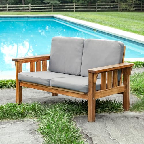 Martha Stewart Kids Outdoor Sofa Chair: Natural Acacia Wood Outdoor Couch for Kids w/Gray Polyester Cushions, 10