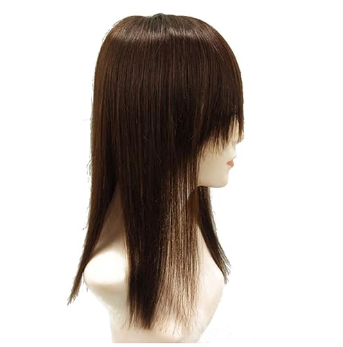 Peluca de cabello humano lacio de 18 pulgadas de largo con flequillo, clip en la parte superior para mujeres con cabello delgado, color marrón oscuro