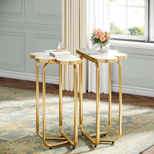 Tribesigns Table d'appoint Fine, Table Basse élégante avec Motif Floral Semi-Circulaire et Cadre doré, Petite Table Basse Blanche et dorée, Table de Chevet en marbre pour Chambre à Couche (2)