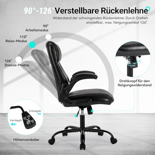 COLAMY Schreibtischstuhl, Ergonomischer Bürostuhl mit Verstellbaren Armlehnen, Chefsessel mit Hoher Rückenlehne, Höhenverstellbar und Neigbar Drehstuhl mit Dicker Lederpolsterung, Schwarz
