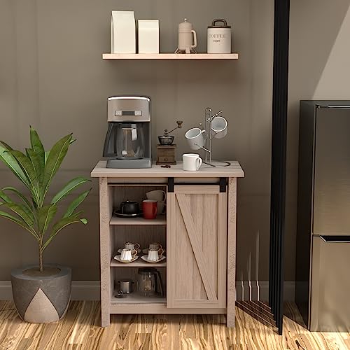 Landia Home Farmhouse Coffee Bar Cabinet With Sliding Barn Door, Accent Cabinet With 3 Tiers Shelves, Cabinet For Entryway, Living Room, Bathroom, And Kitchen, Grey #TOP6