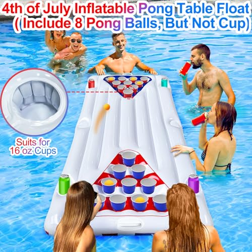 2 in 1 American Flag Pool Float & Pong Game Table with 8 Balls, 6x3 Ft Patriotic Inflatable Lounger for 4th of July Pool Parties, Summer Water Games and Adult Backyard BBQ Pool Party ((No Include Cup) - Thumbnail 6