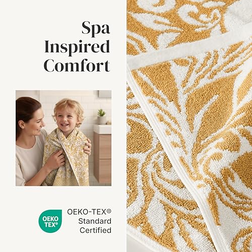 Image of Modern Threads 6 Piece Bath Towel Set - Bathroom Set with 2 Bath Towels, 2 Hand Towels, and 2 Wash Cloths - 100% Cotton, Super Absorbent & Extra Soft - Reversible Botanical Vine (Gold)