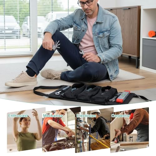 Image of STHIRA 5-in-1 Tools Bag, Tool Organizer Bag, Portable Roll-Up Canvas Tool Storage with Handle, Built-In 5 Zipper Pouches, Heavy Duty Compact Tool Roll for Wrenches, 48x28cm