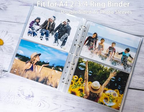 30 Pack 120 Taschen A4 Foto Hüllen für A4 2/3/4 Ringbuch, Transparente Postkartenhüllen, 2 Fächer, Doppelseitiger 2 Taschen Foto Seitenschutz,Top Loading Fotoalbum Nachfüllseiten Foto A5(219x152 mm)