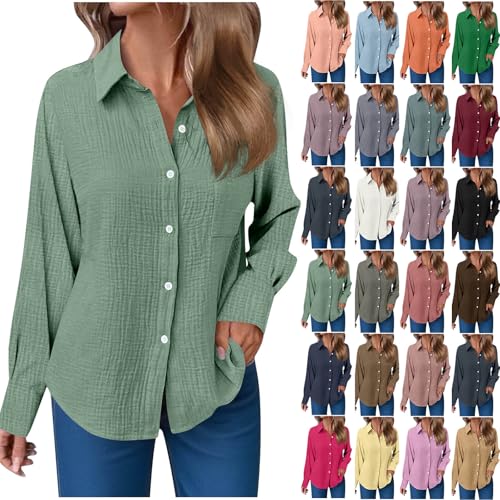 Musselin Bluse Damen Langarm Leinenbluse mit Taschen Revers Einreihige Leinenhemd Elegant Einfarbig Longshirt Weiche Baumwoll Langarmshirt für Frühling, Sommer und Herbst Lässige Button-Down Hemd