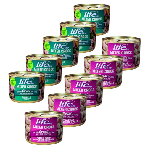 Life Dog Mixer Crocc Cibo umido per cani, confezione da 10 lattine x 150 g (Mix Agnello e Pollo con Prosciutto)