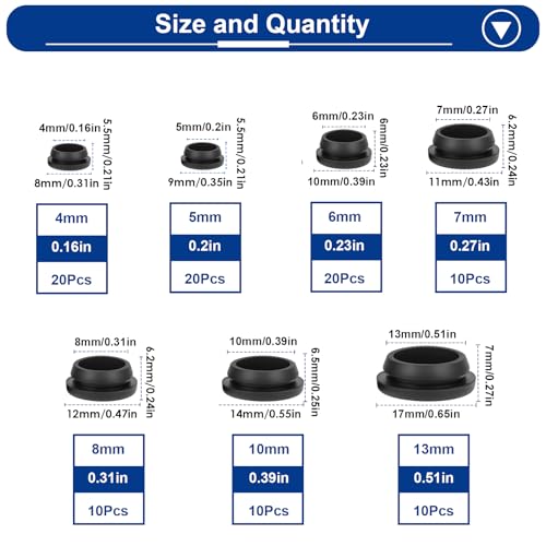 Image of Tnisesm 100PCS 7 Sizes Black Rubber Plugs for Round Holes Silicone Plugs, 1 /2 inch 3 /8 inch 5 /16 inch 1 /4 inch 1 /5 inch Round Hole Plug Snap Locking, Used for Furniture