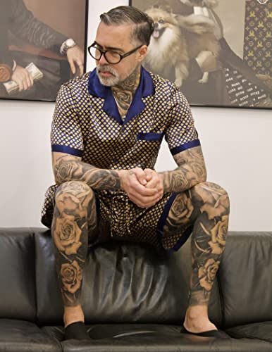 Ekouaer Mens Silk Short Pajama Sets Summer Button-Down Sleepwear Two-Pieces Loungewear, Large #TOP2