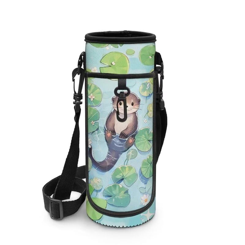 COEQINE Funda para botella de agua de nutria de dibujos animados con correa, para niños y niñas, 500 ml a 1000 ml, soporte para botella de bebidas para mujer, funda para teléfono o bicicleta, bolsa