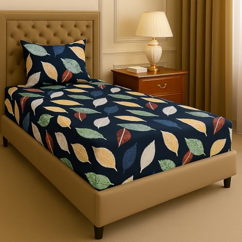 Image of Premium Cotton Elastic Fitted Bedsheets with 1 Pillow Covers |Floral Printed Single Bed Elastic 220 TC Supersoft Breathable & Wrinklefree | for 72x36+6 Inches, Floral Dark Blue
