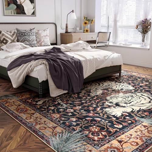 Moynesa Tiger Washable Area Rug, 9x12 Living Room Rug, Vintage Non Slip Large Rug for Dining Room, Ultra Thin Boho Soft Stain Resistant Indoor Carpet for Bedroom Guest Room, Puce Red