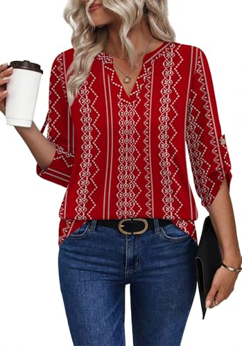 Image of XIEERDUO 3 /4 Length Sleeve Womens Tops V Neck T Shirts Both Side Buttons Blouses Business Casual Outfits Loose Fit