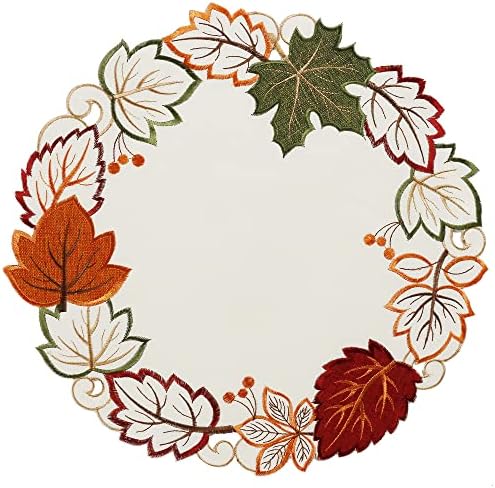 OWENIE Fall Placemats Set of 4,Thanksgiving Round Placemats, Autumn Harvest Leaves Table Mats, Farmhouse Doilies with Cutwork Applique Embroidery on Border, Fall Decor for Home,15 Inch Round