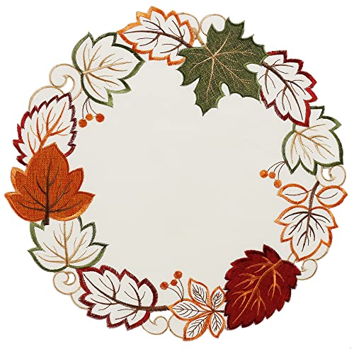 Owenie Fall Placemats Set Of 4,Thanksgiving Round Placemats, Autumn Harvest Leaves Table Mats, Farmhouse Doilies With Cutwork Applique Embroidery On Border, Fall Decor For Home,15 Inch Round #TOP13